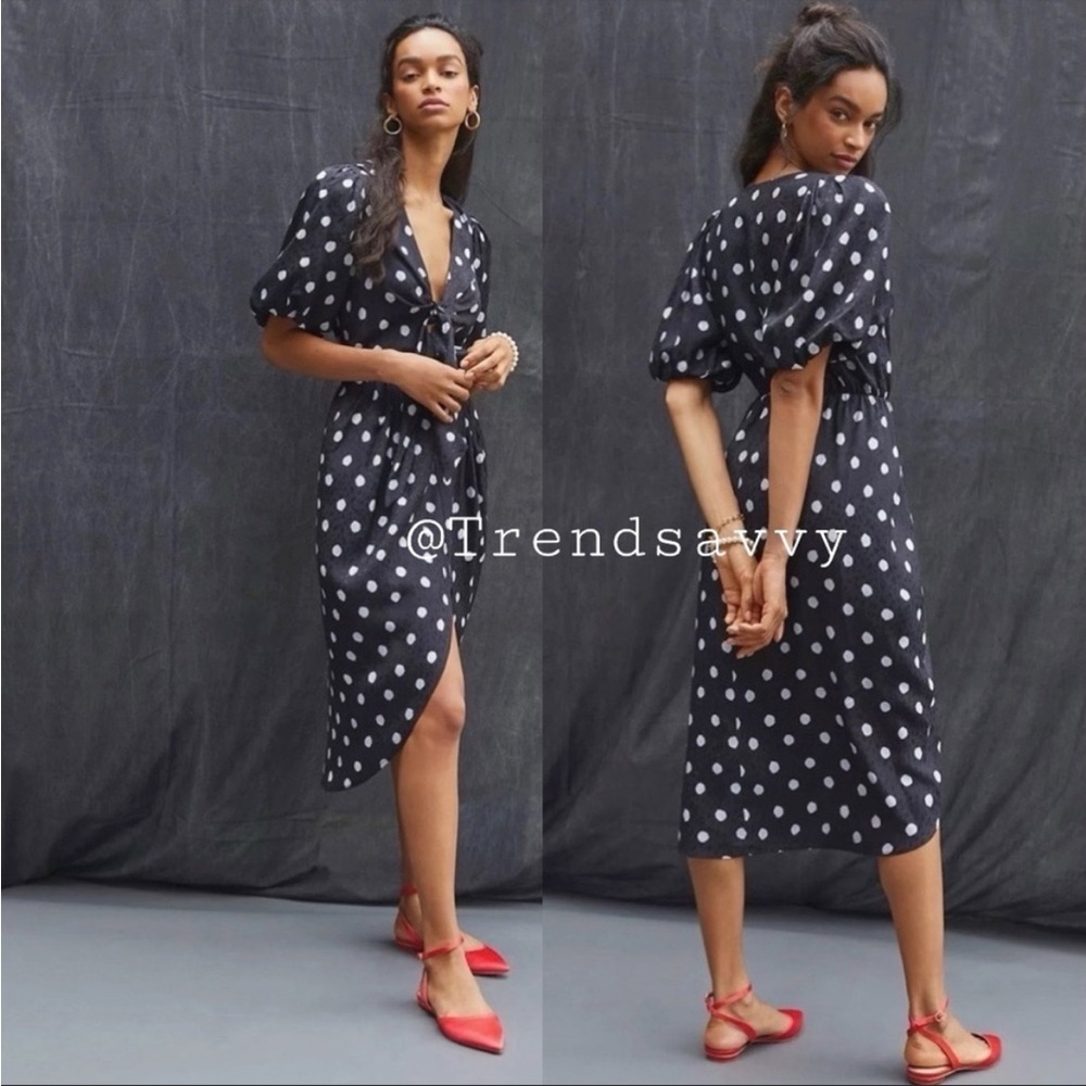 Anthropologie Delfi Black White Polka Dot V Neck Midi Dress Size Large NWT